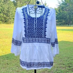 White with Blue Embroidered Detail Blouse